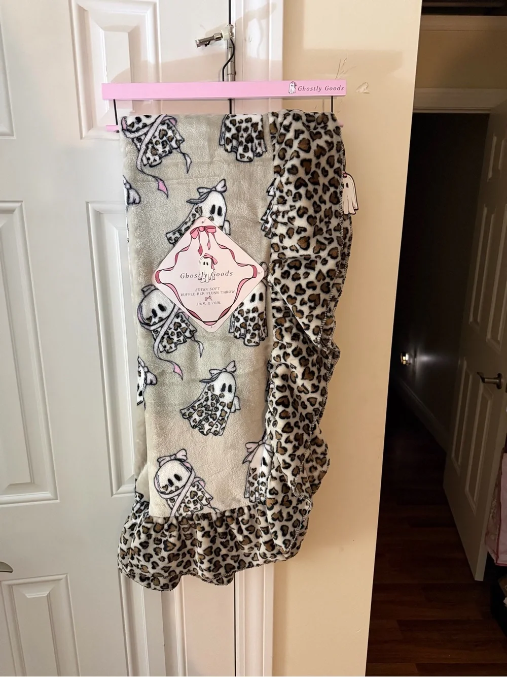 Ghostly Goods Halloween Cheetah Ghost Extra Soft Ruffle Hem Plush Throw Blanket